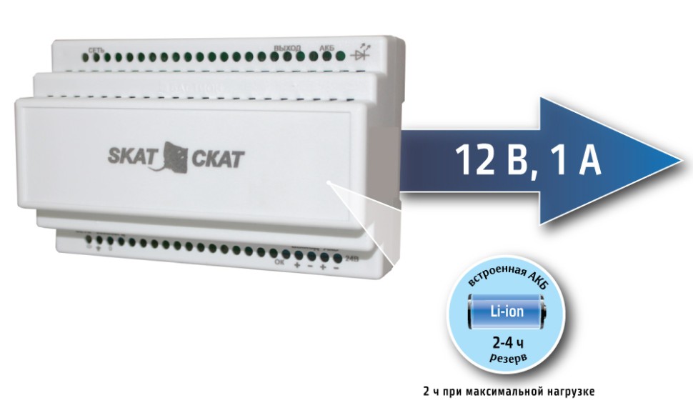 Малогабаритный ИБП со встроенной Li-ion АКБ SKAT-12DC-1.0 Li-ion (СКАТ ИБП-12/1-3,2/Li-DIN)